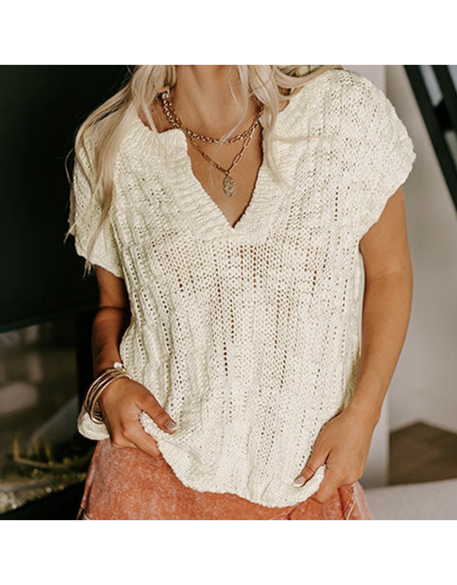 Beige Notched Short Slv Sweater