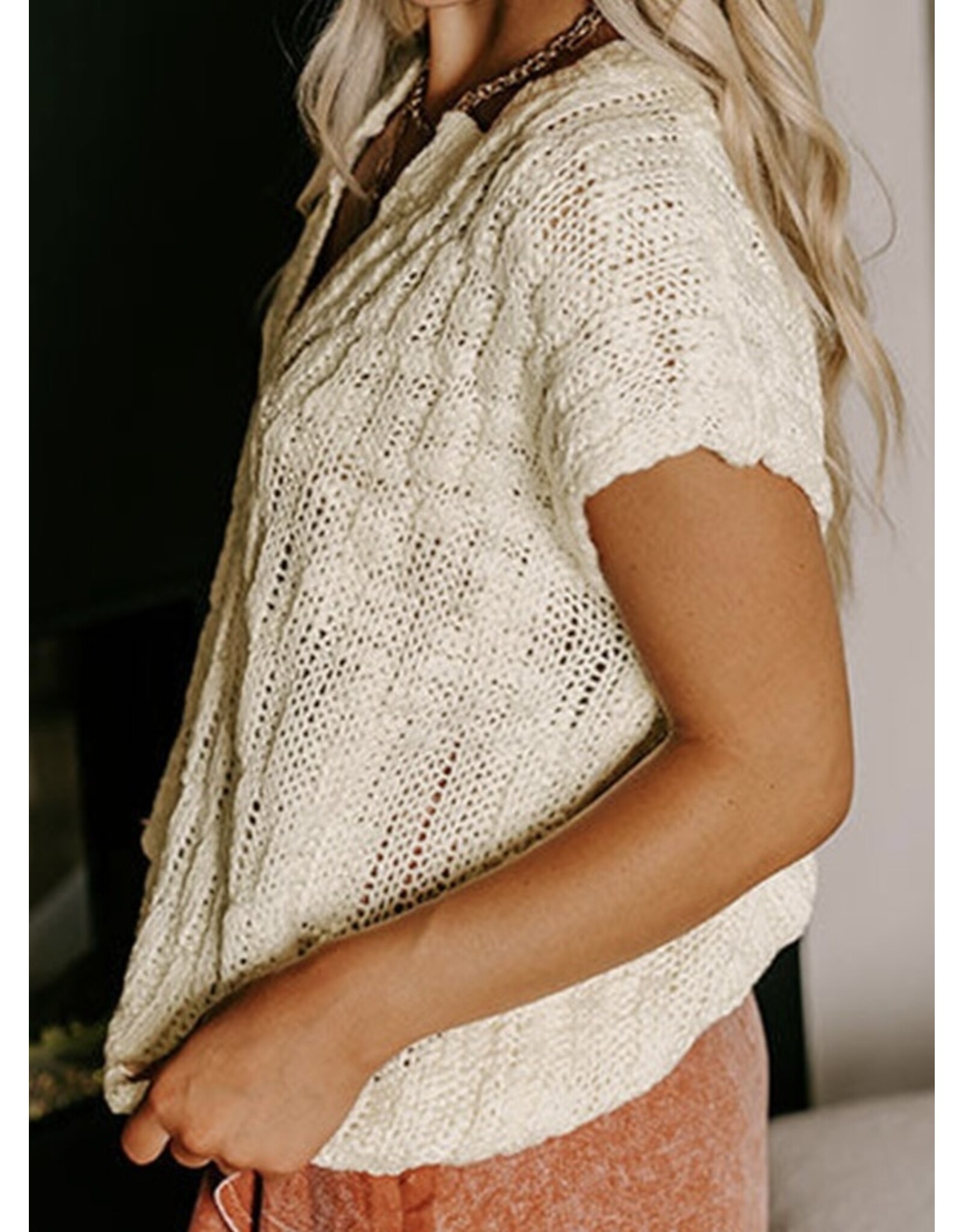 Beige Notched Short Slv Sweater