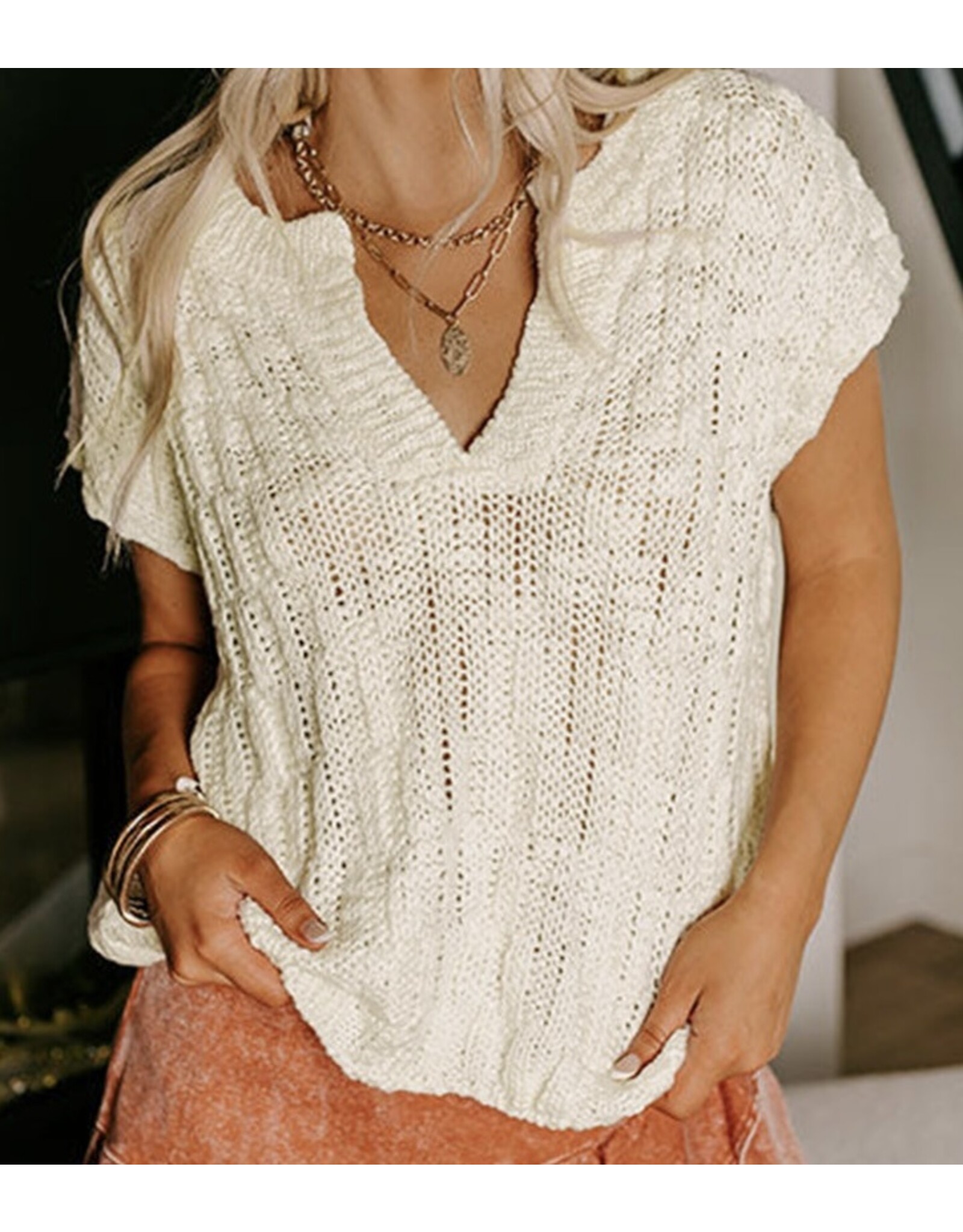 Beige Notched Short Slv Sweater