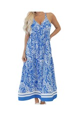 Blue Paisley V Neck Backless Maxi