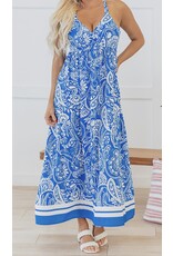 Blue Paisley V Neck Backless Maxi
