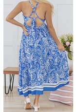 Blue Paisley V Neck Backless Maxi