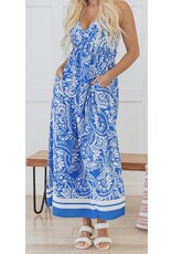 Blue Paisley V Neck Backless Maxi