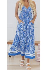 Blue Paisley V Neck Backless Maxi