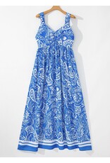 Blue Paisley V Neck Backless Maxi