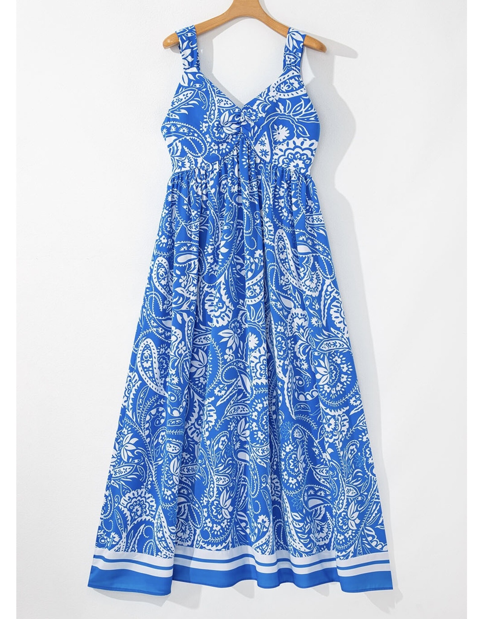 Blue Paisley V Neck Backless Maxi