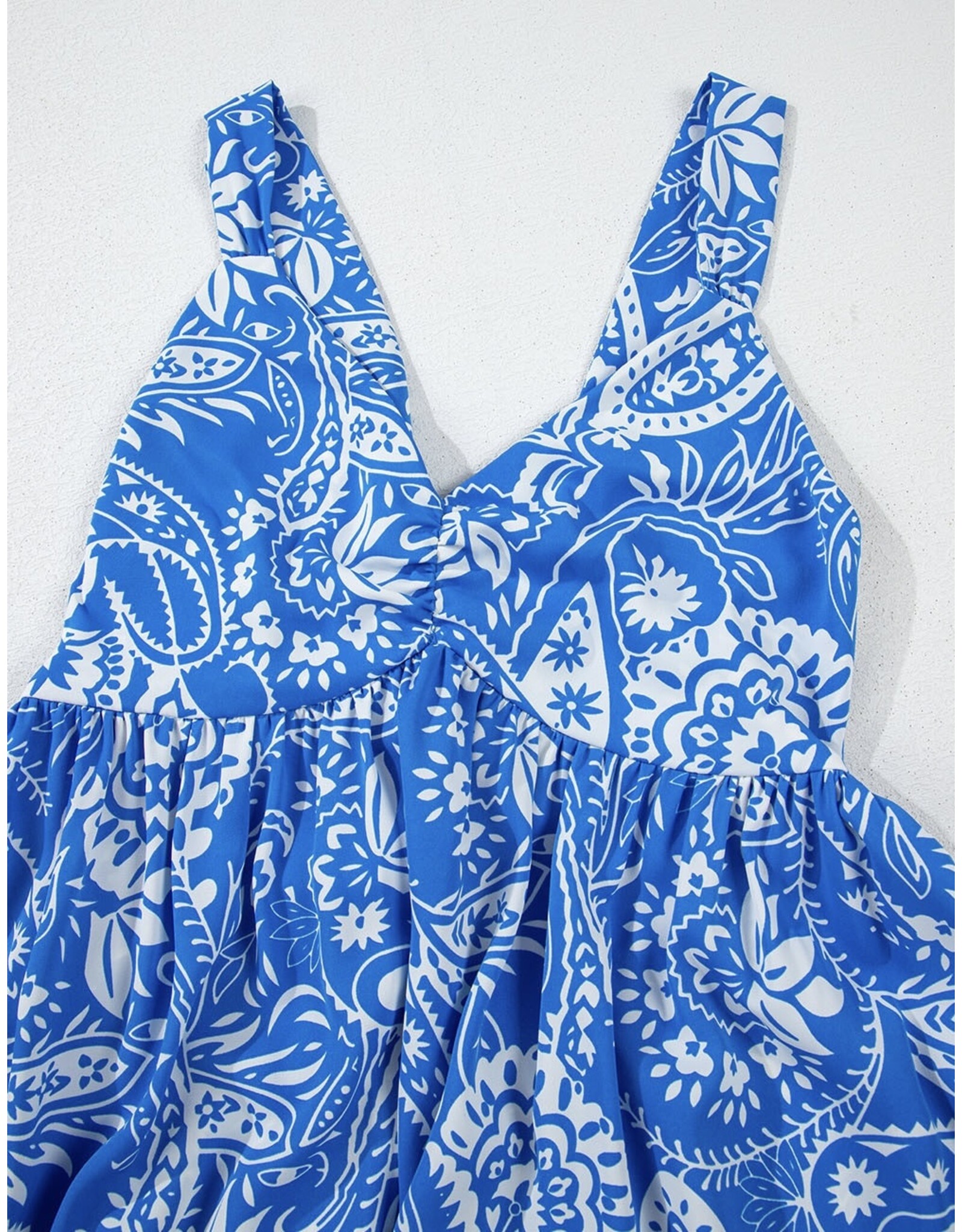 Blue Paisley V Neck Backless Maxi