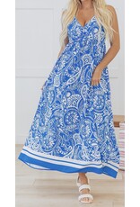 Blue Paisley V Neck Backless Maxi