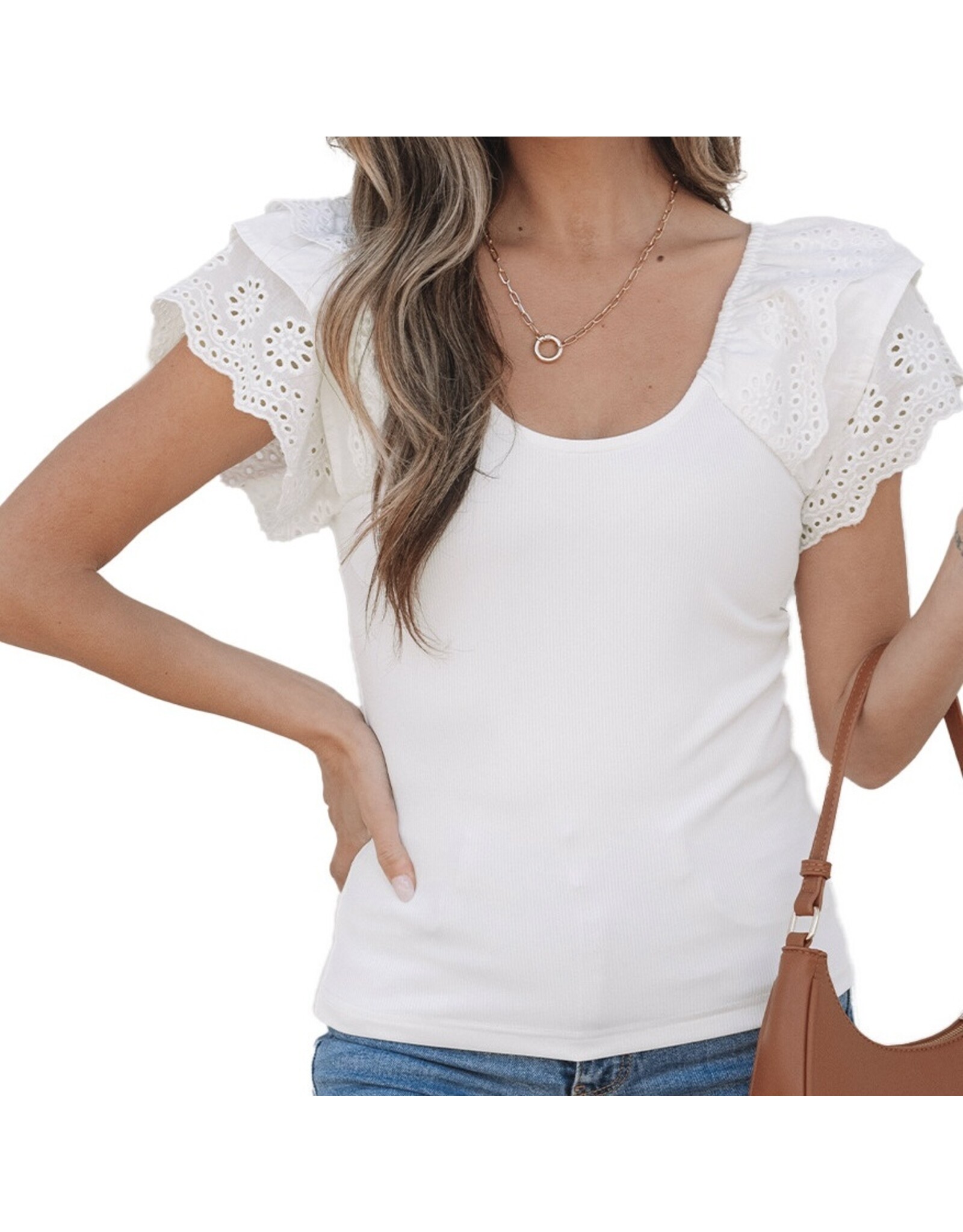 White Eyelet Ruffle Slim Fit Top