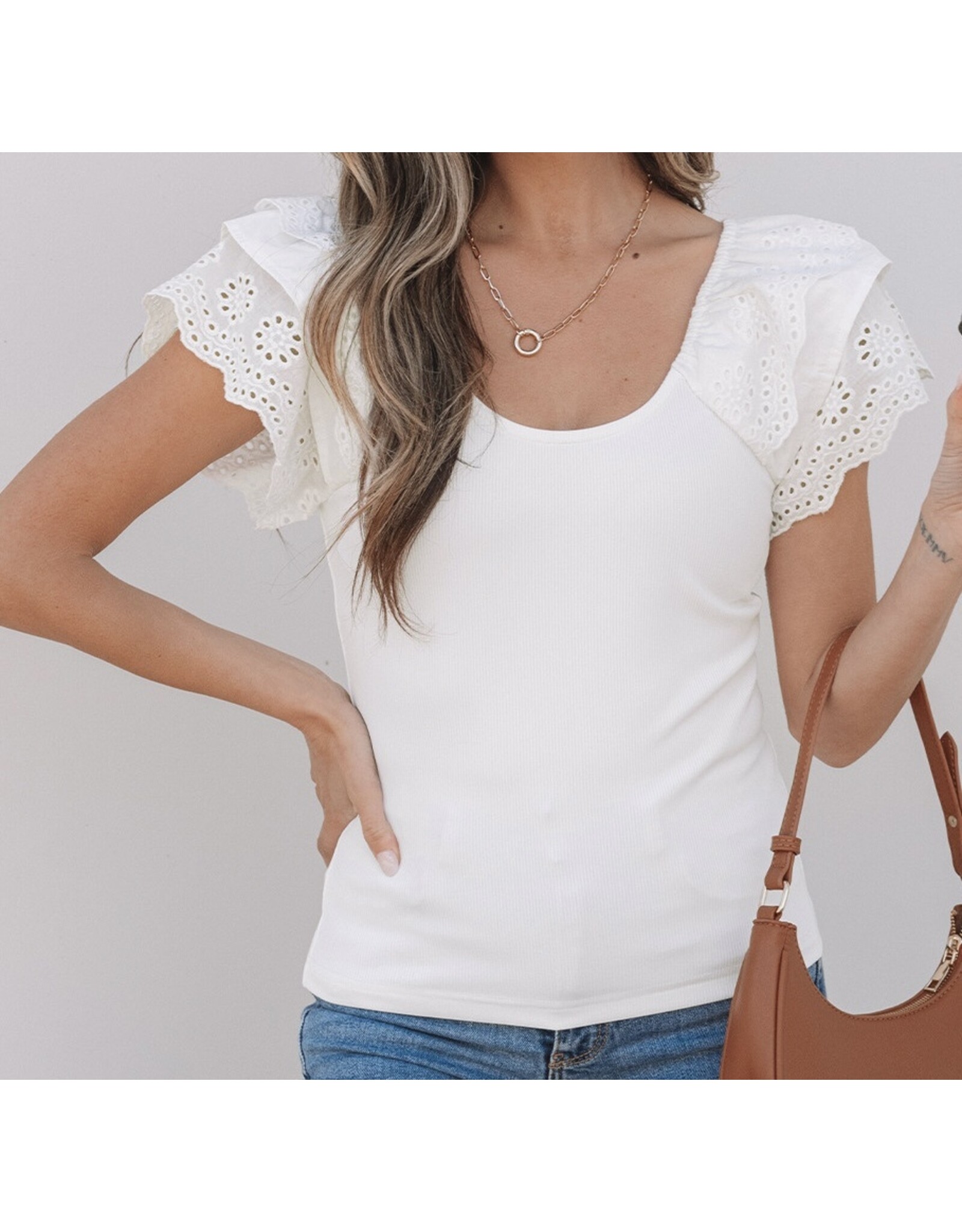 White Eyelet Ruffle Slim Fit Top