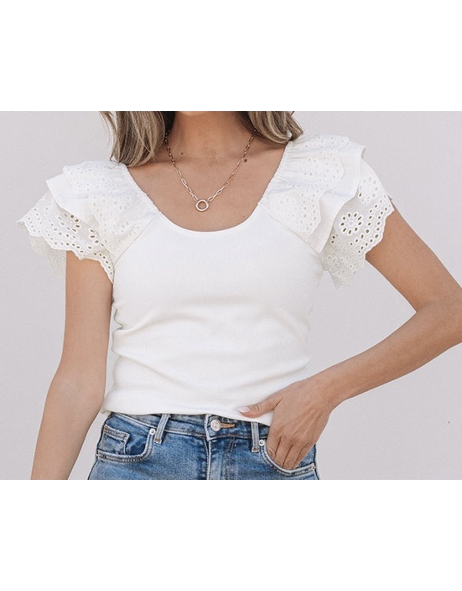 White Eyelet Ruffle Slim Fit Top