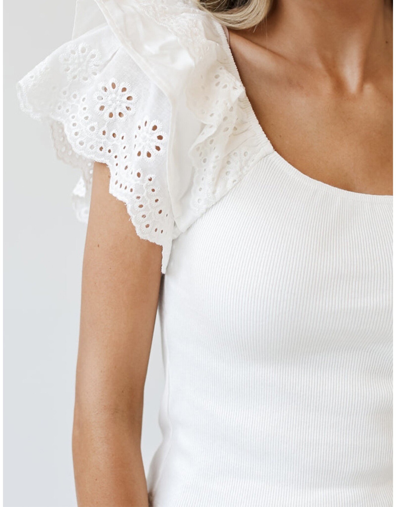 White Eyelet Ruffle Slim Fit Top