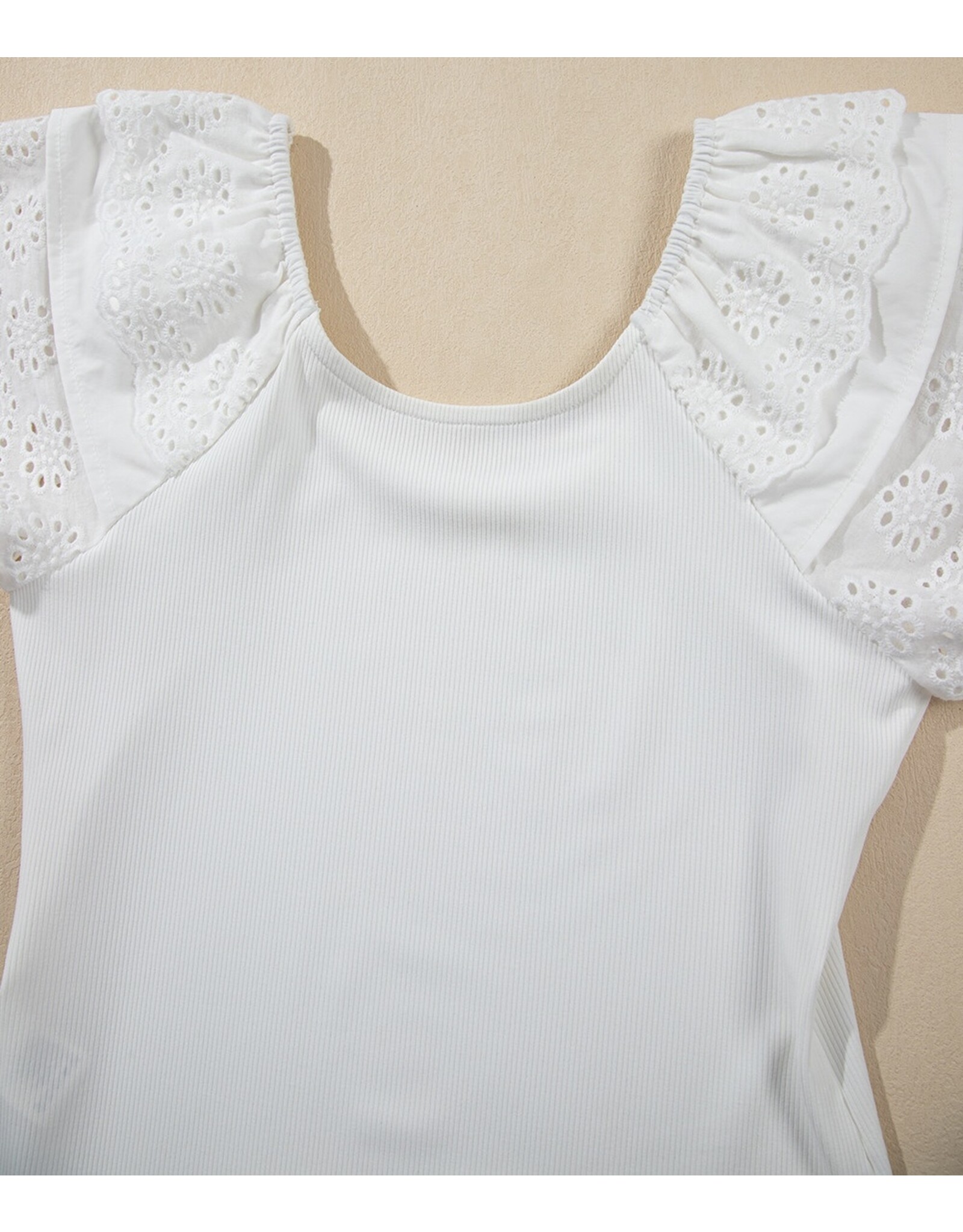 White Eyelet Ruffle Slim Fit Top