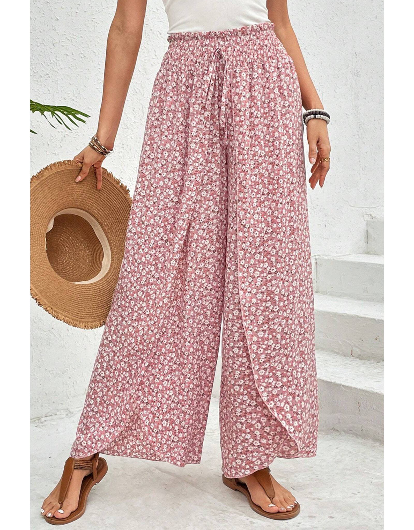 Pink Bohemian Slit Wide Leg High Waist Pants