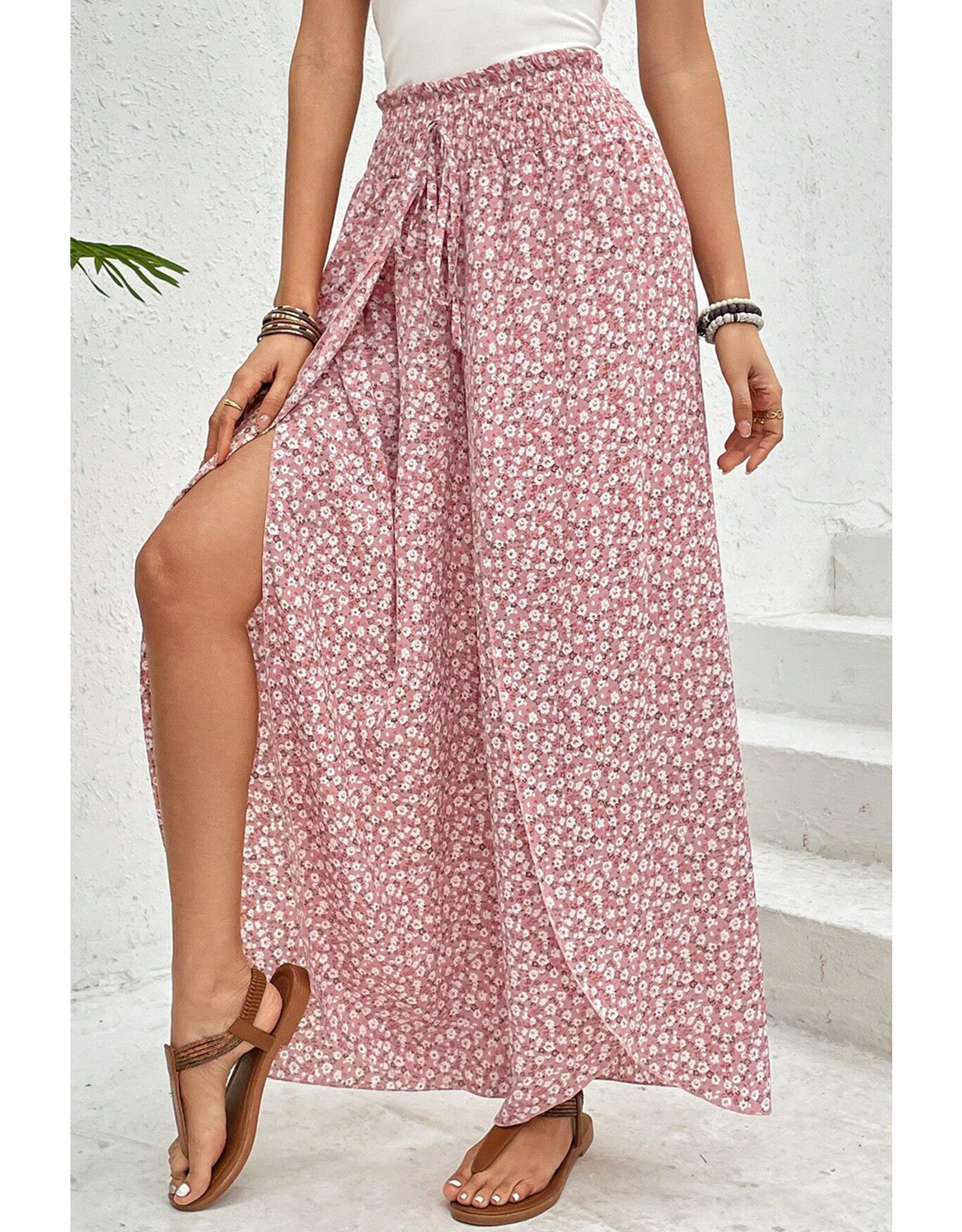 Pink Bohemian Slit Wide Leg High Waist Pants