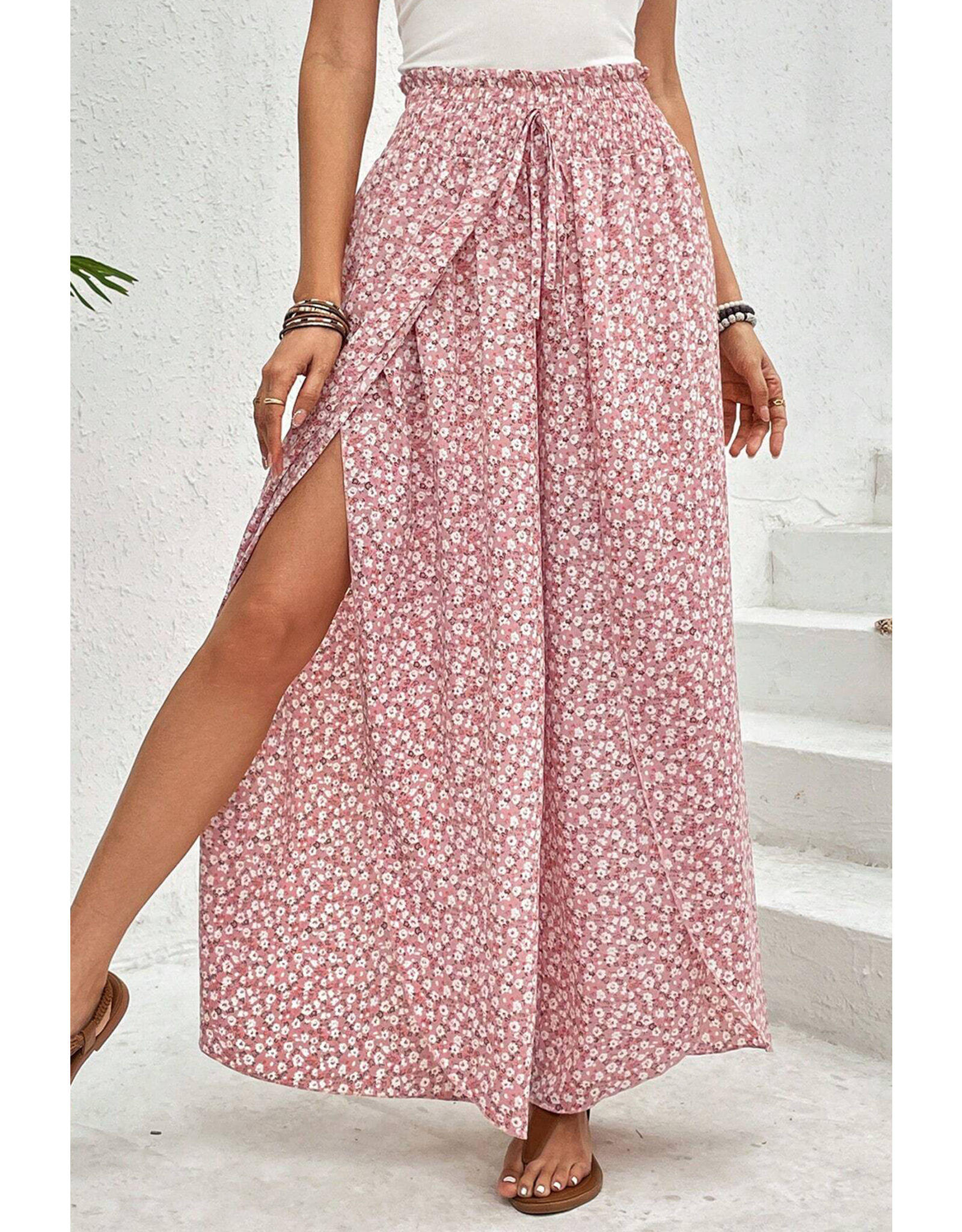 Pink Bohemian Slit Wide Leg High Waist Pants