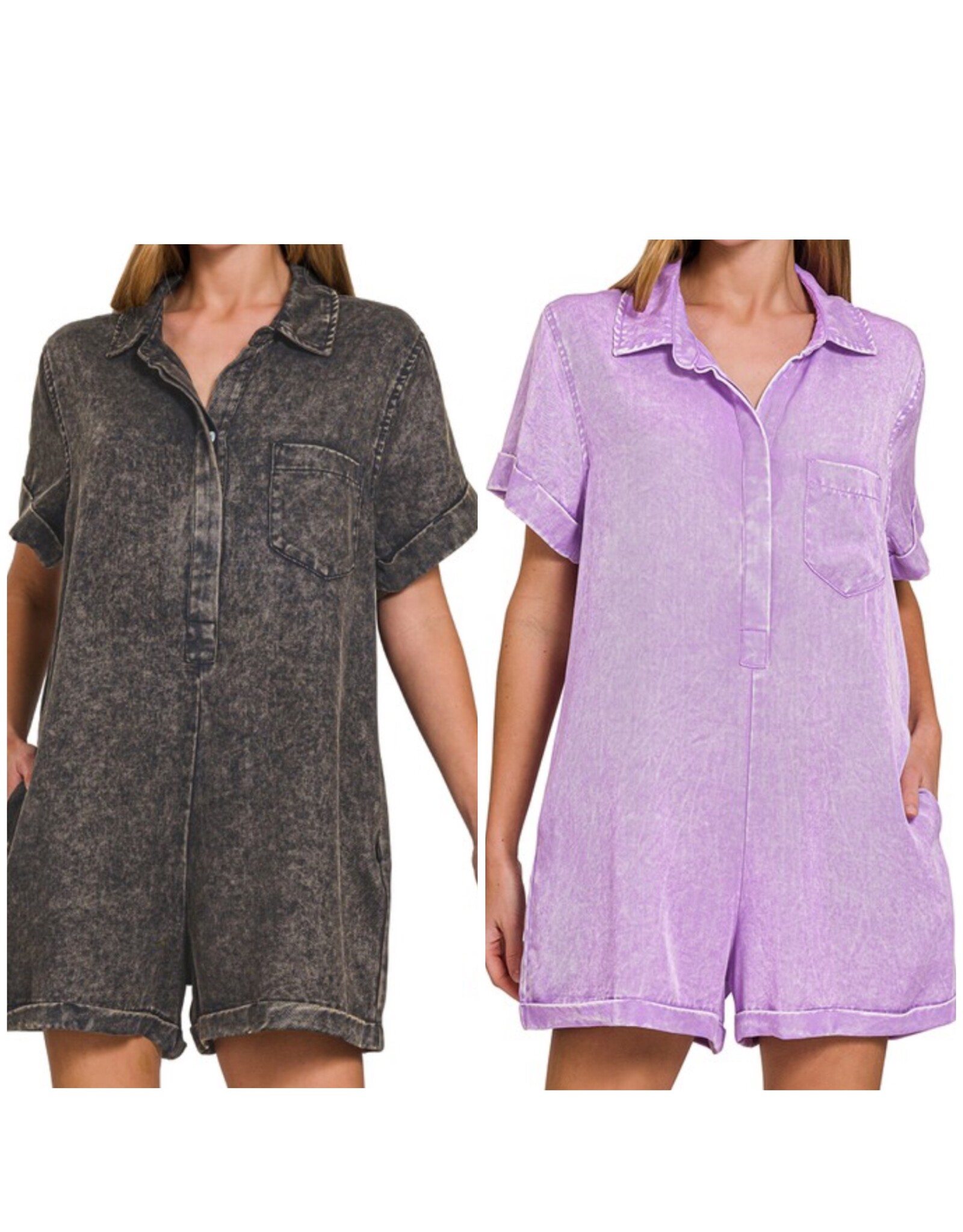 Mineral washed buttoned shirt romper