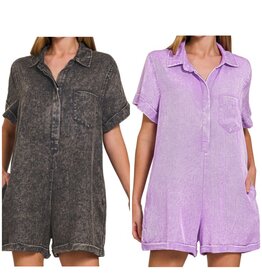 Mineral washed buttoned shirt romper