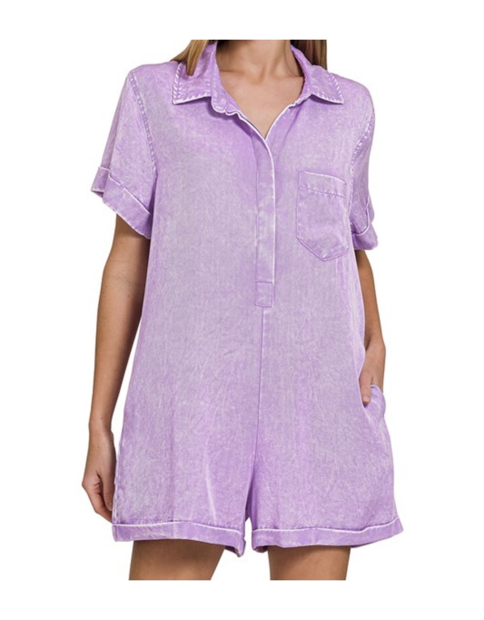 Mineral washed buttoned shirt romper