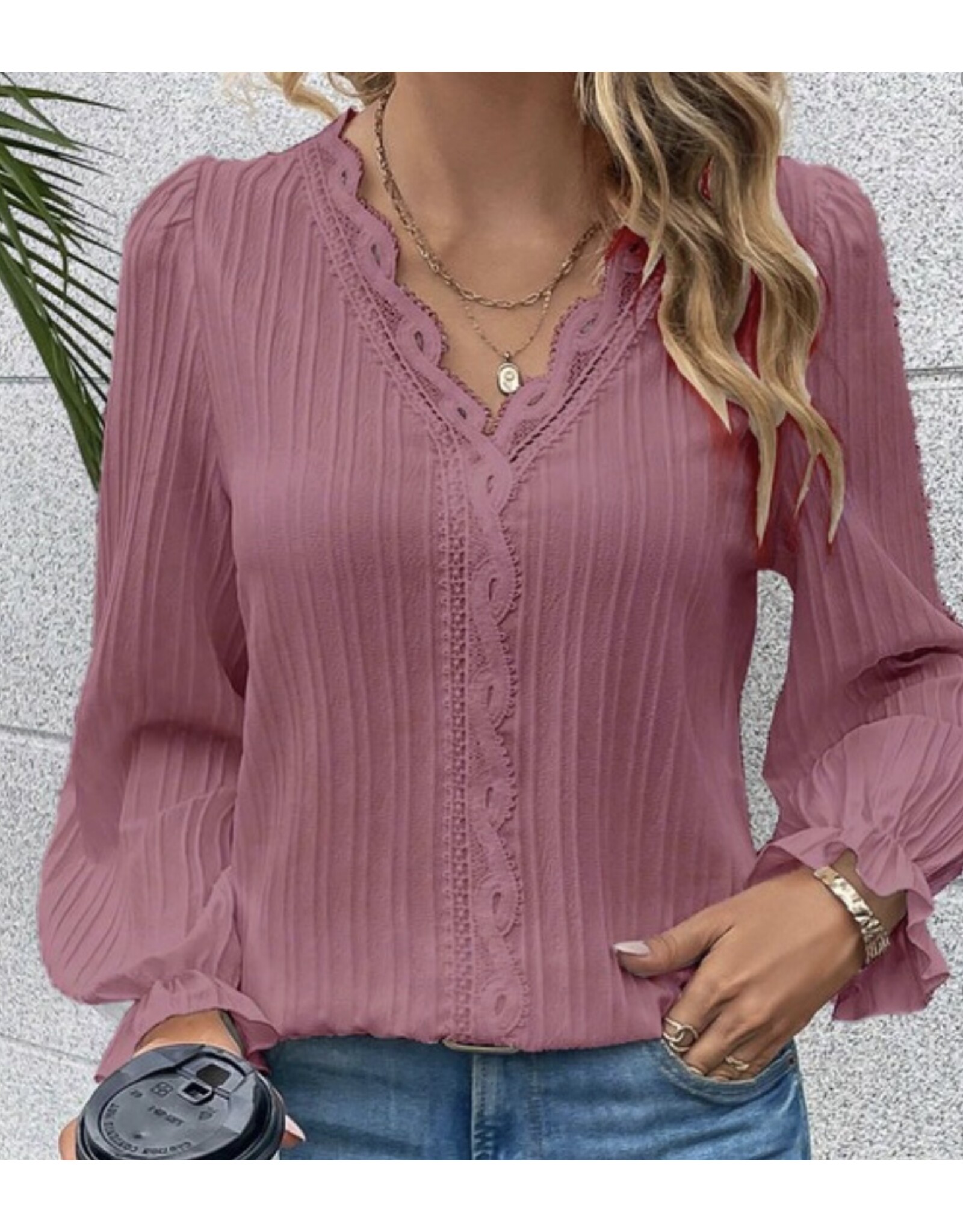 Mauve long sleeve blouse w/ lace accents