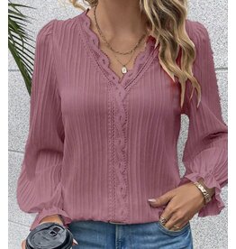 Mauve long sleeve blouse w/ lace accents
