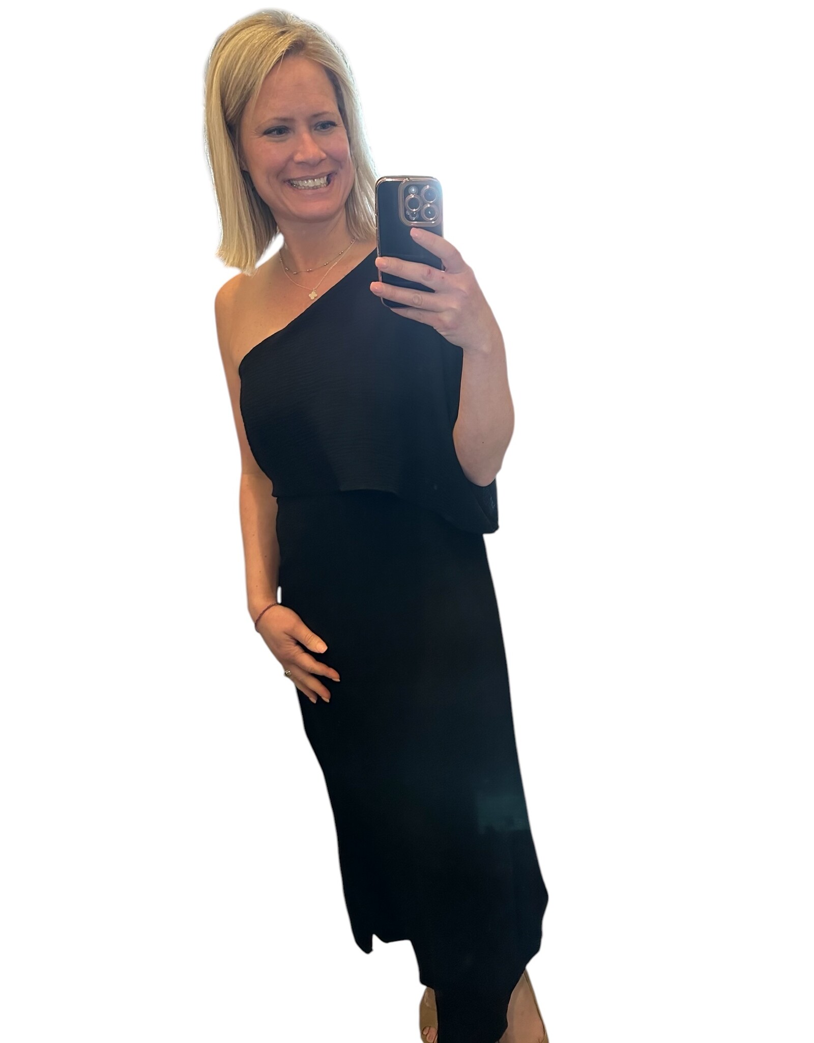 LATA Solid Woven One Shoulder Maxi Dress