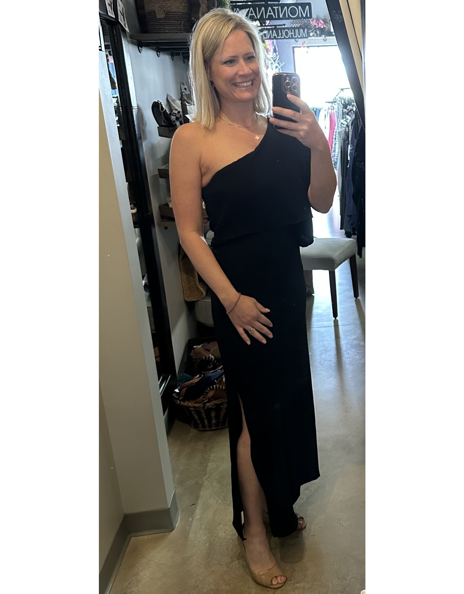 LATA Solid Woven One Shoulder Maxi Dress