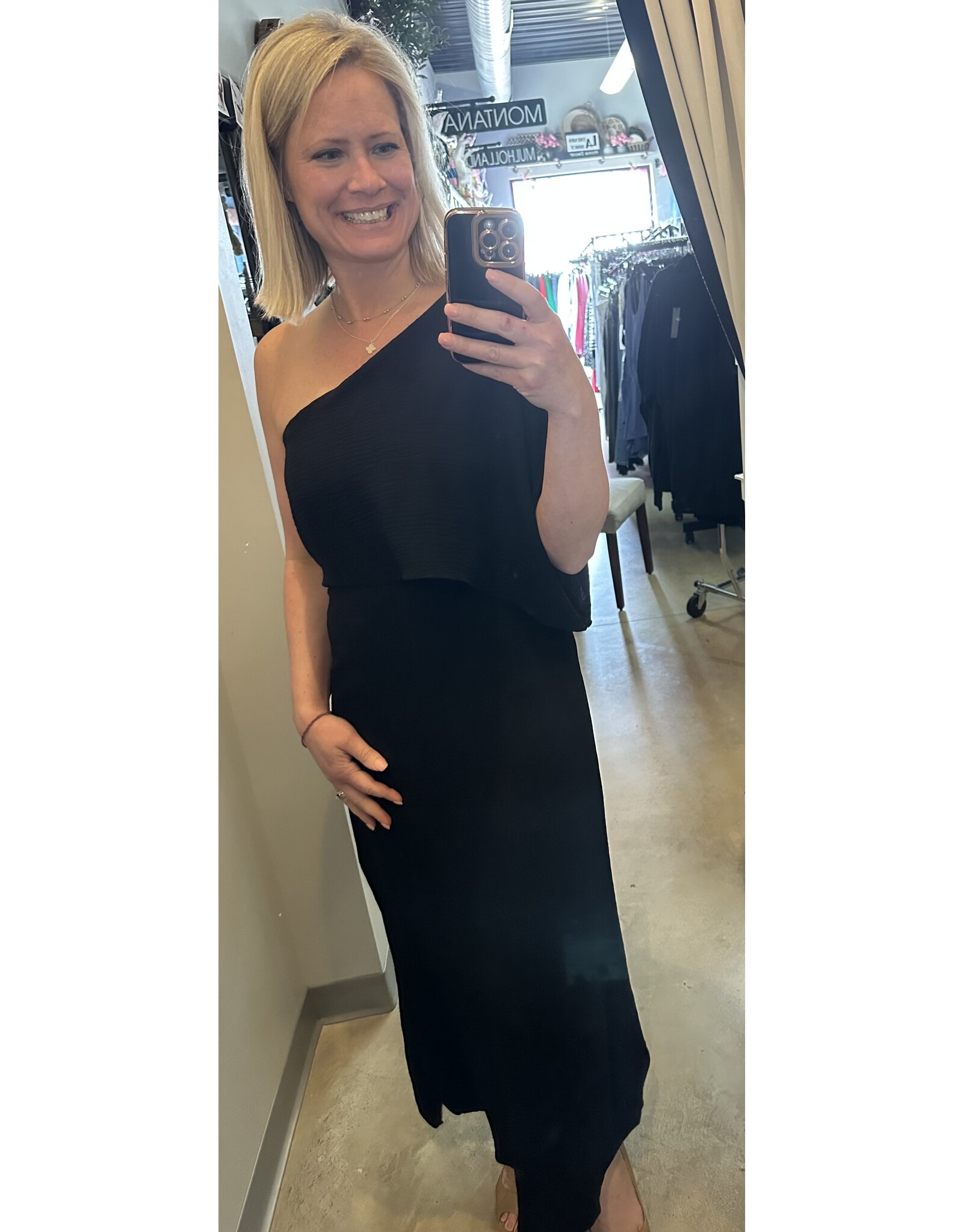 LATA Solid Woven One Shoulder Maxi Dress