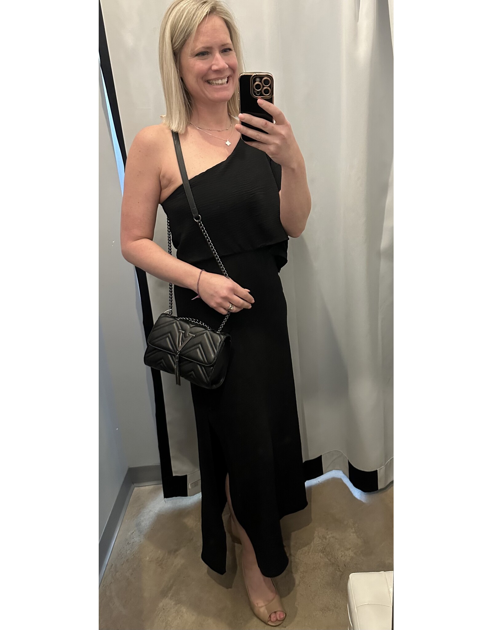 LATA Solid Woven One Shoulder Maxi Dress