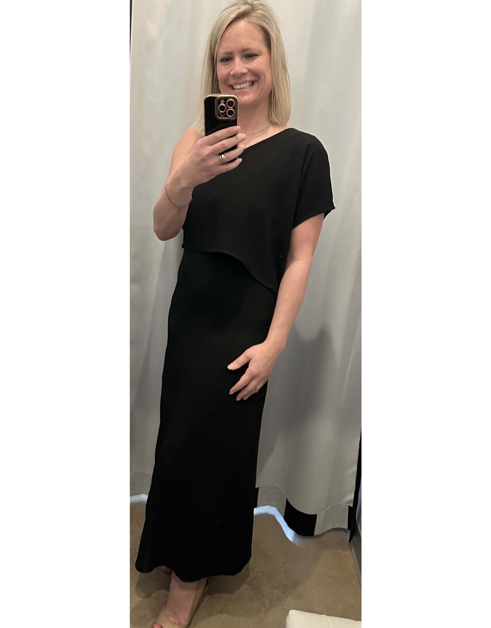 LATA Solid Woven One Shoulder Maxi Dress