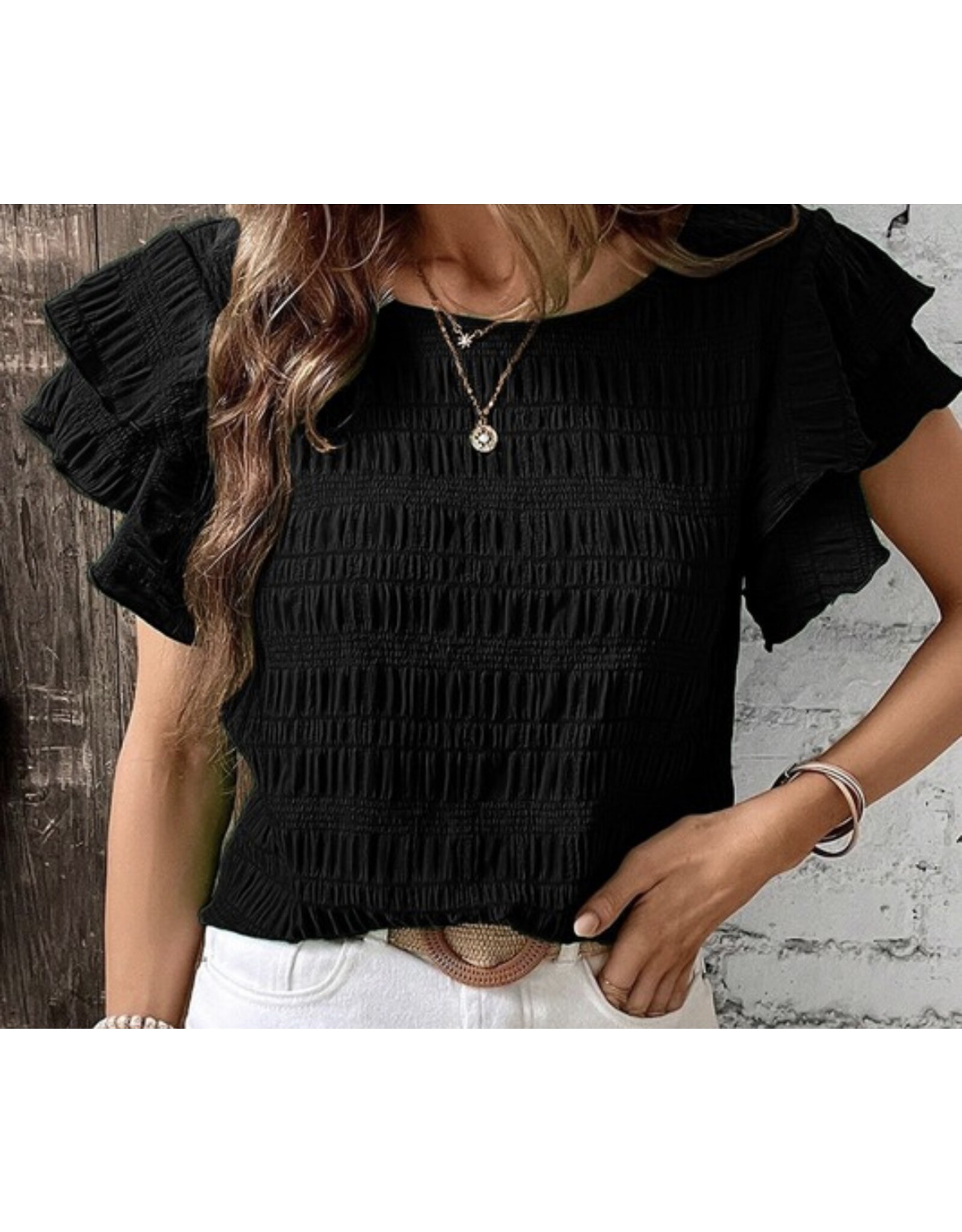 LATA Textured smock blouse w/ ruffle short slv
