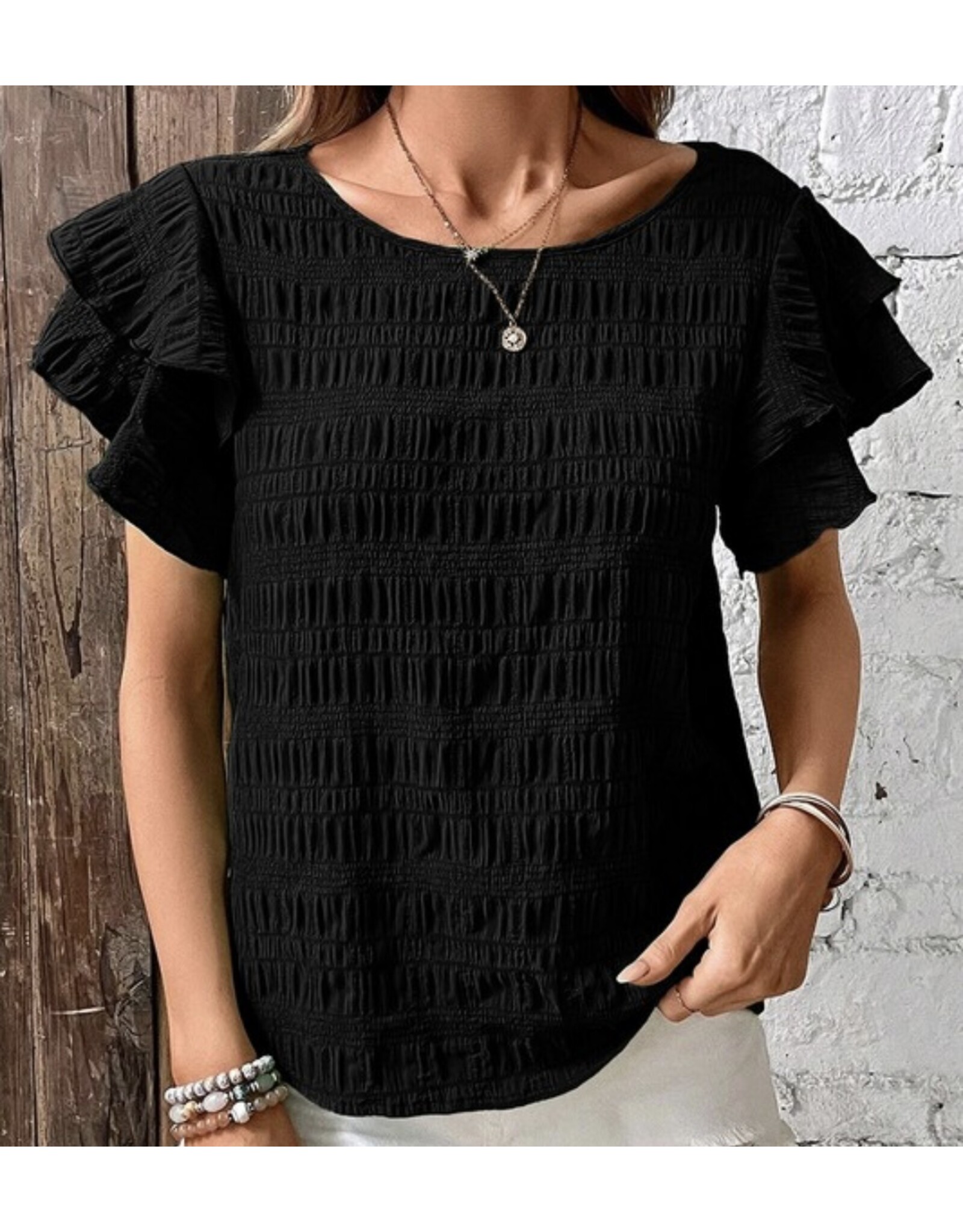 LATA Textured smock blouse w/ ruffle short slv