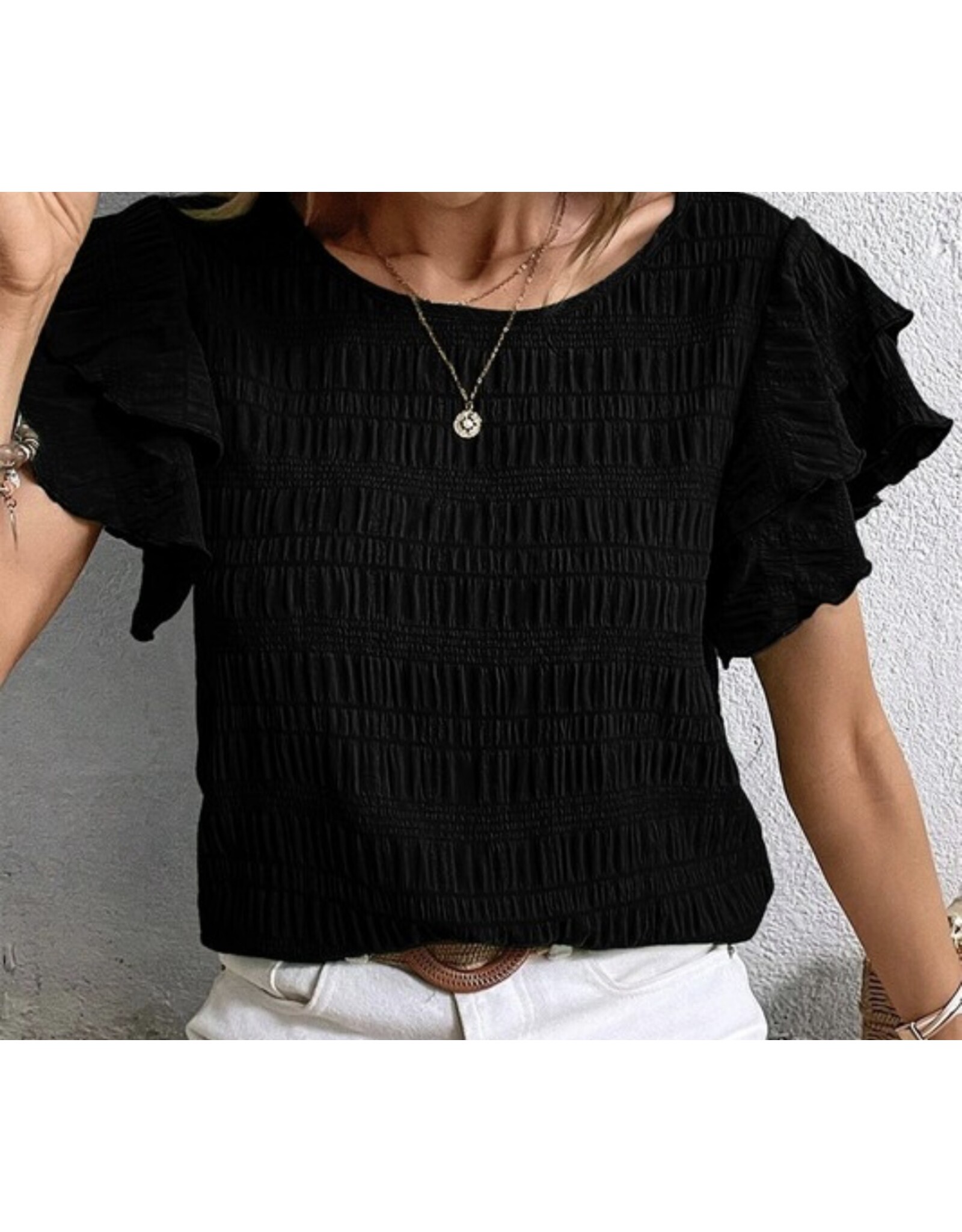 LATA Textured smock blouse w/ ruffle short slv
