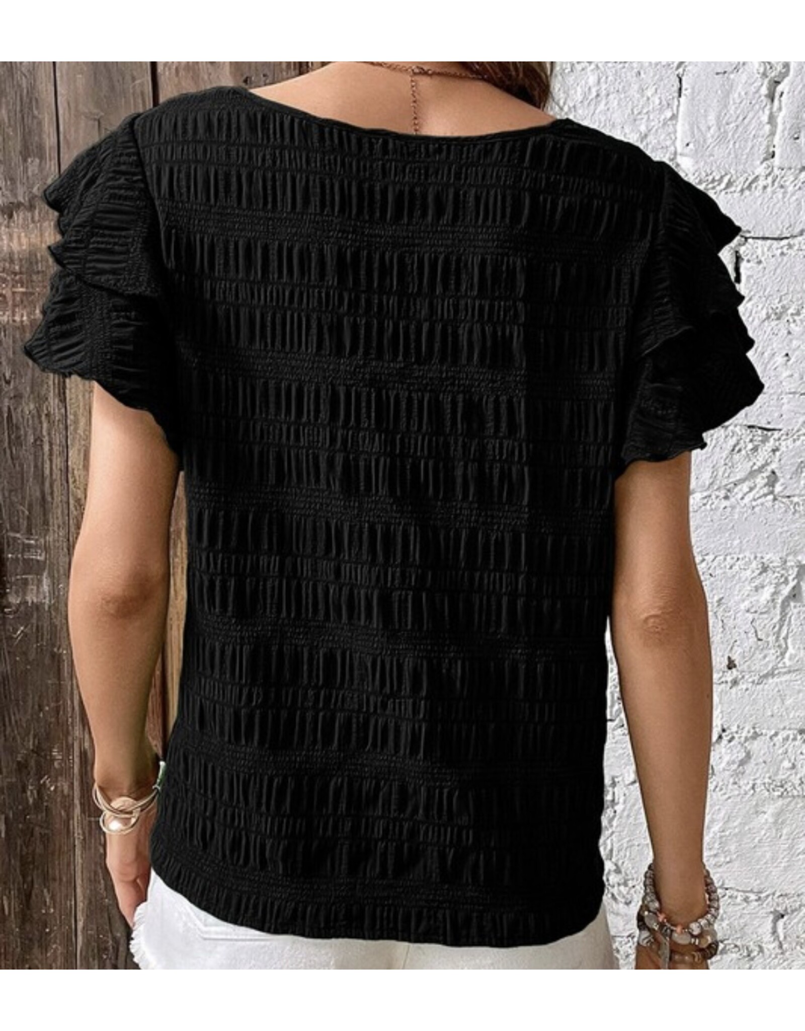 LATA Textured smock blouse w/ ruffle short slv