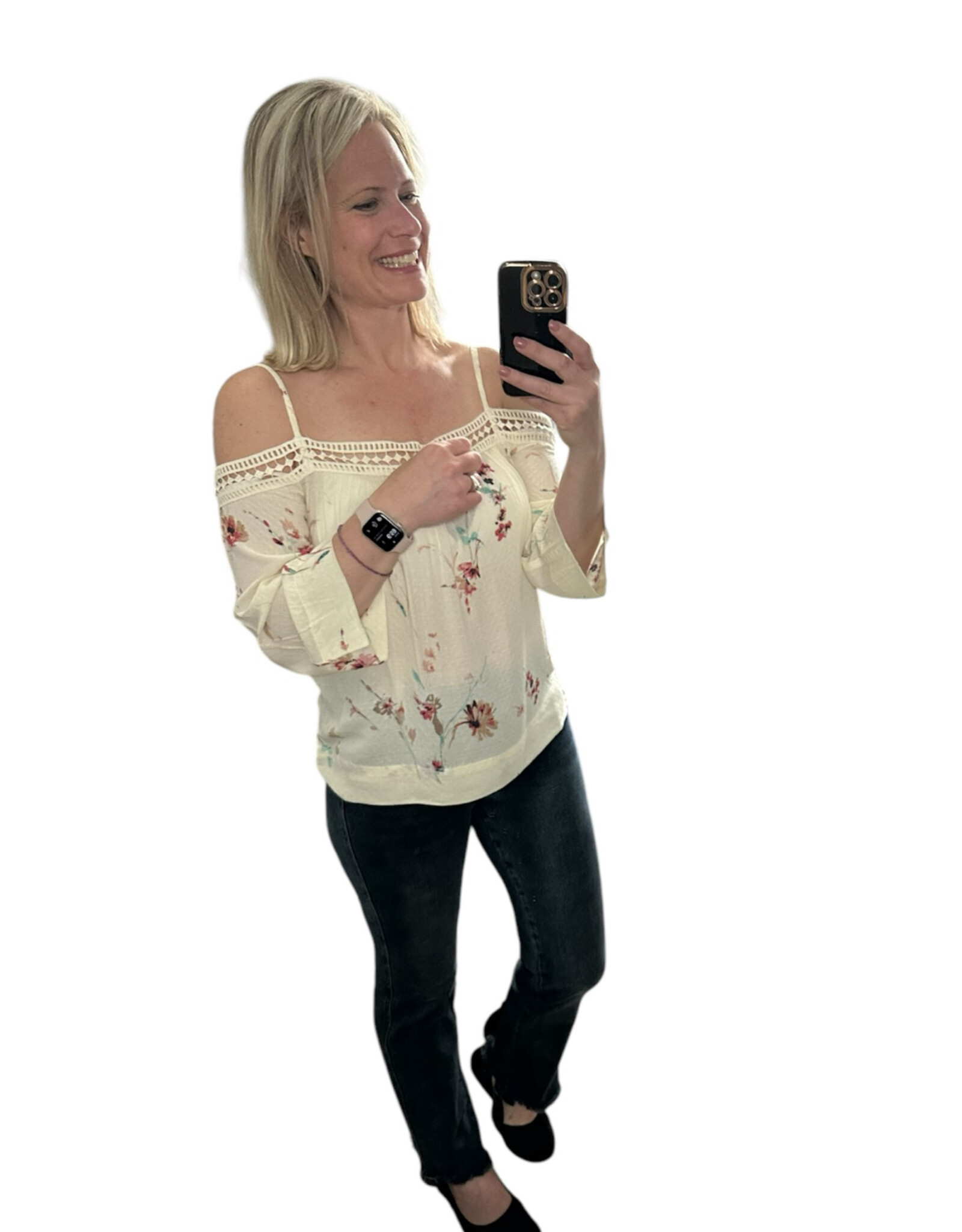 Lovestitch Printed cold shoulder top w/ lace trim