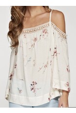 Lovestitch Printed cold shoulder top w/ lace trim