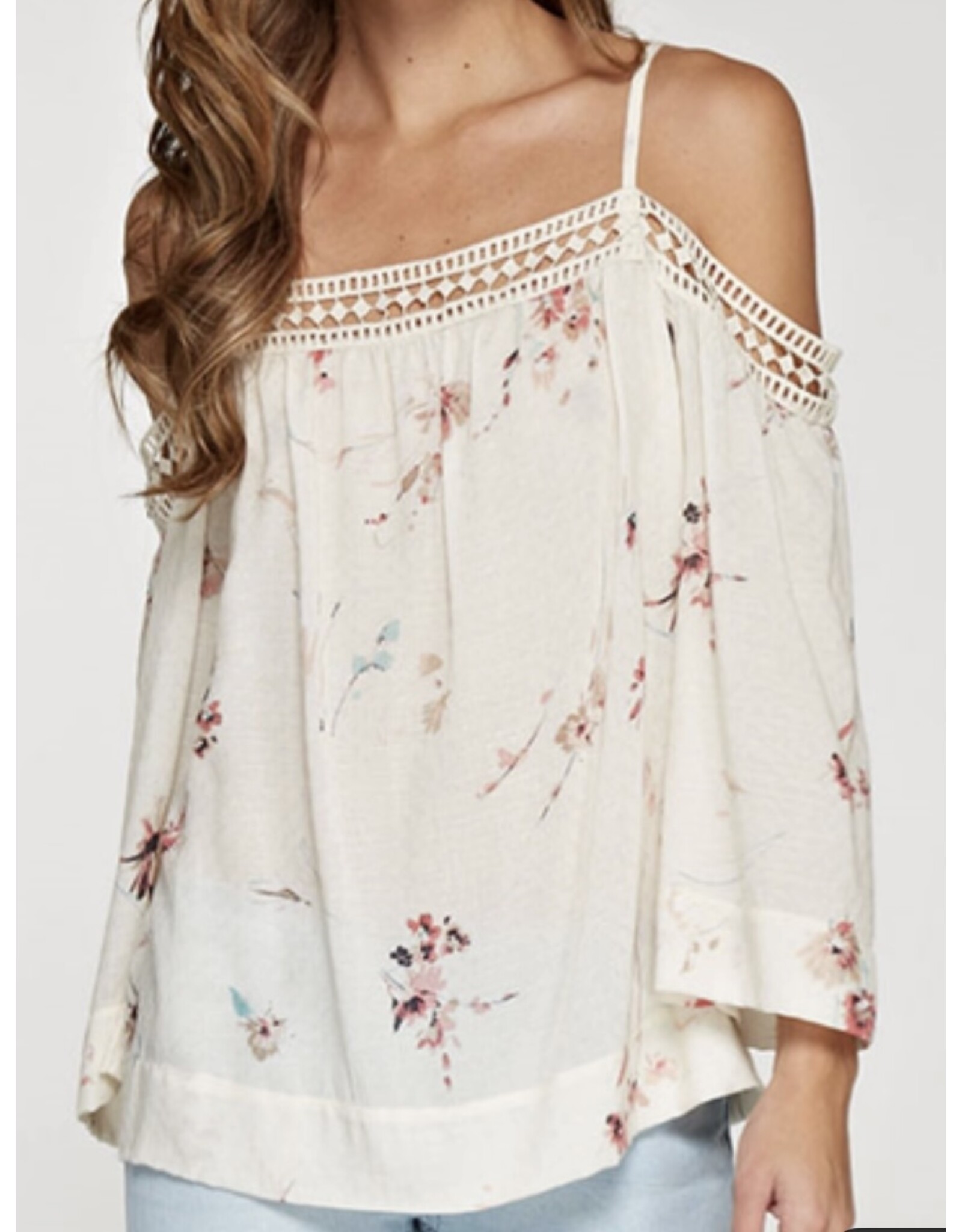 Lovestitch Printed cold shoulder top w/ lace trim