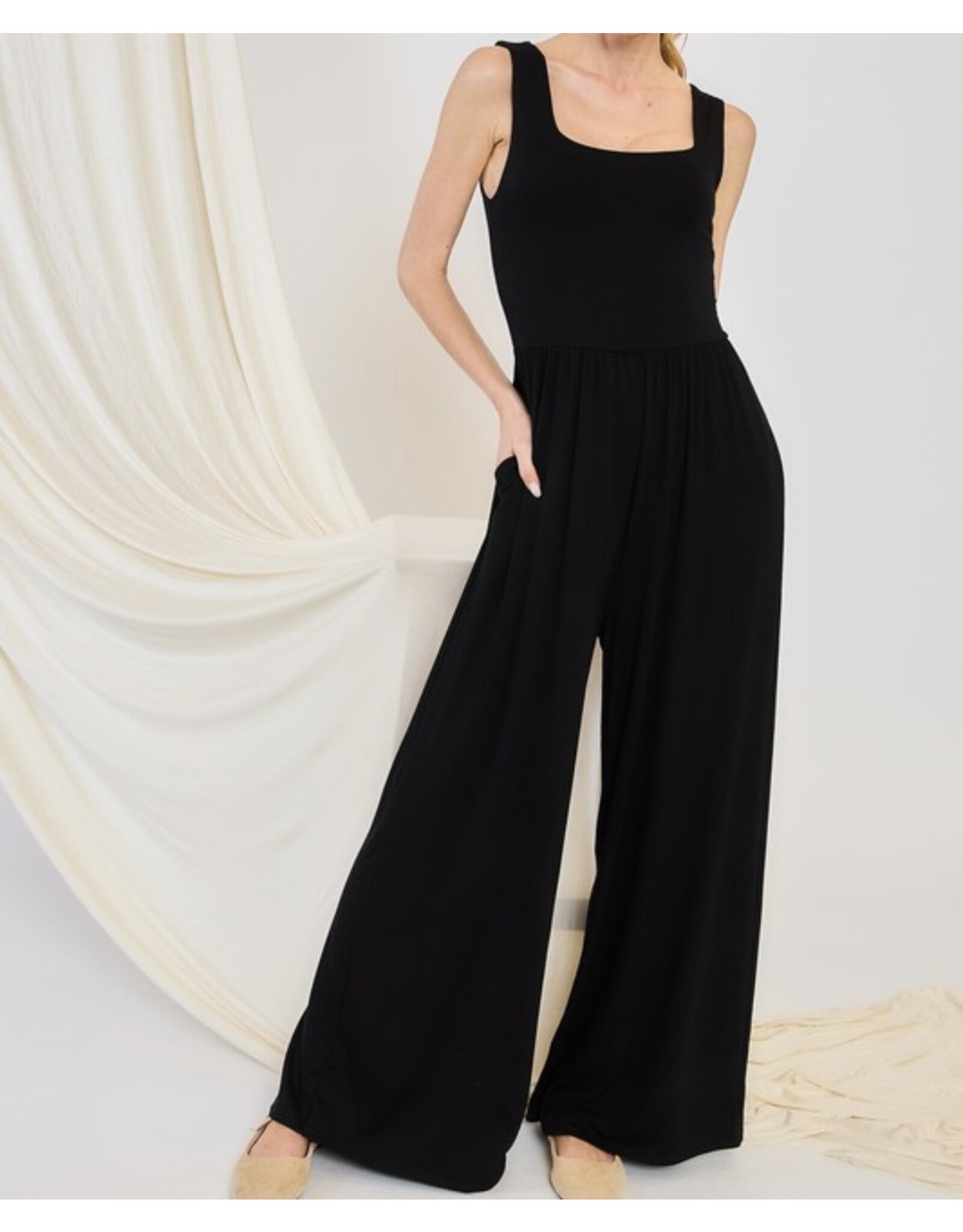 Black square neck tank jumpsuit