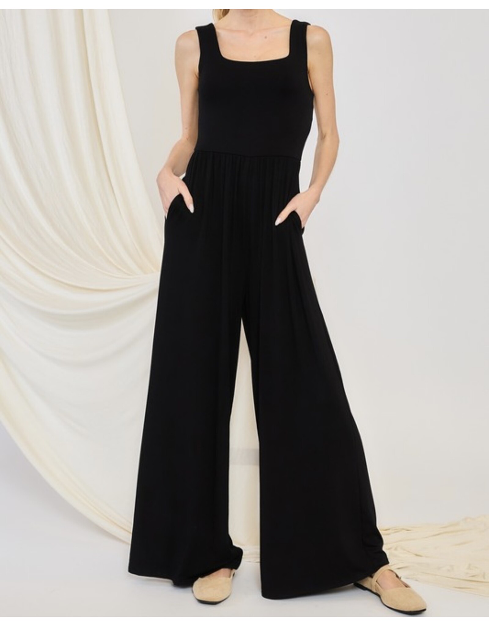 Black square neck tank jumpsuit