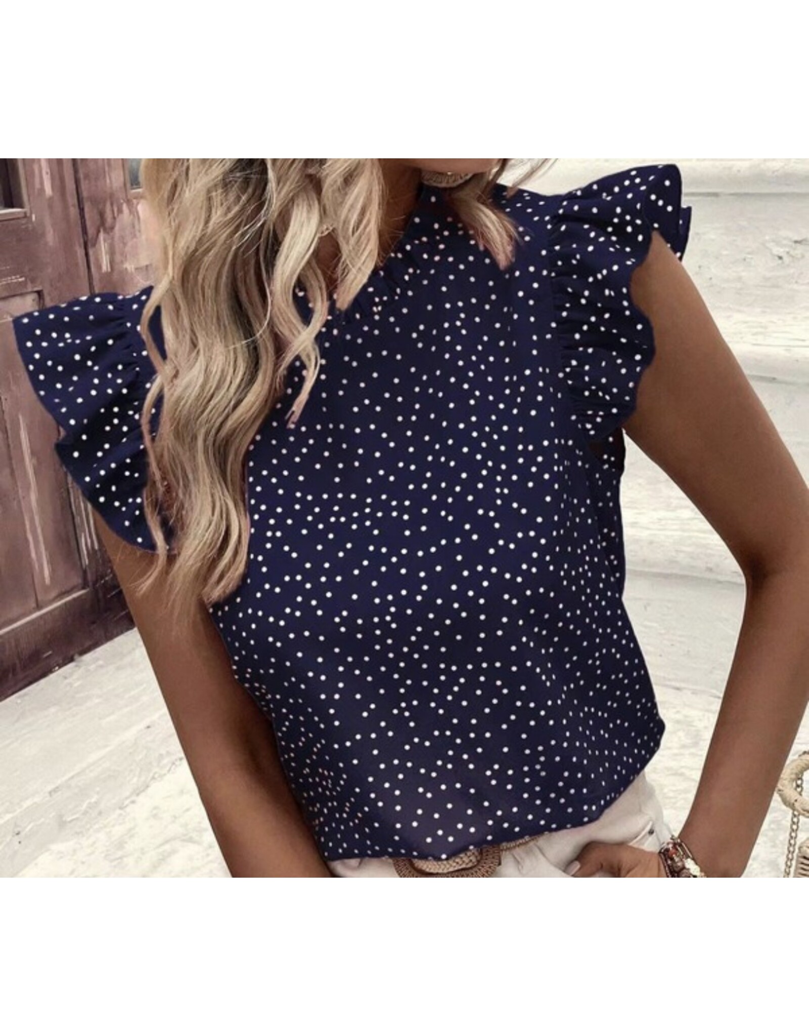 Miss sparkling Navy ruffle s/s dotted blouse
