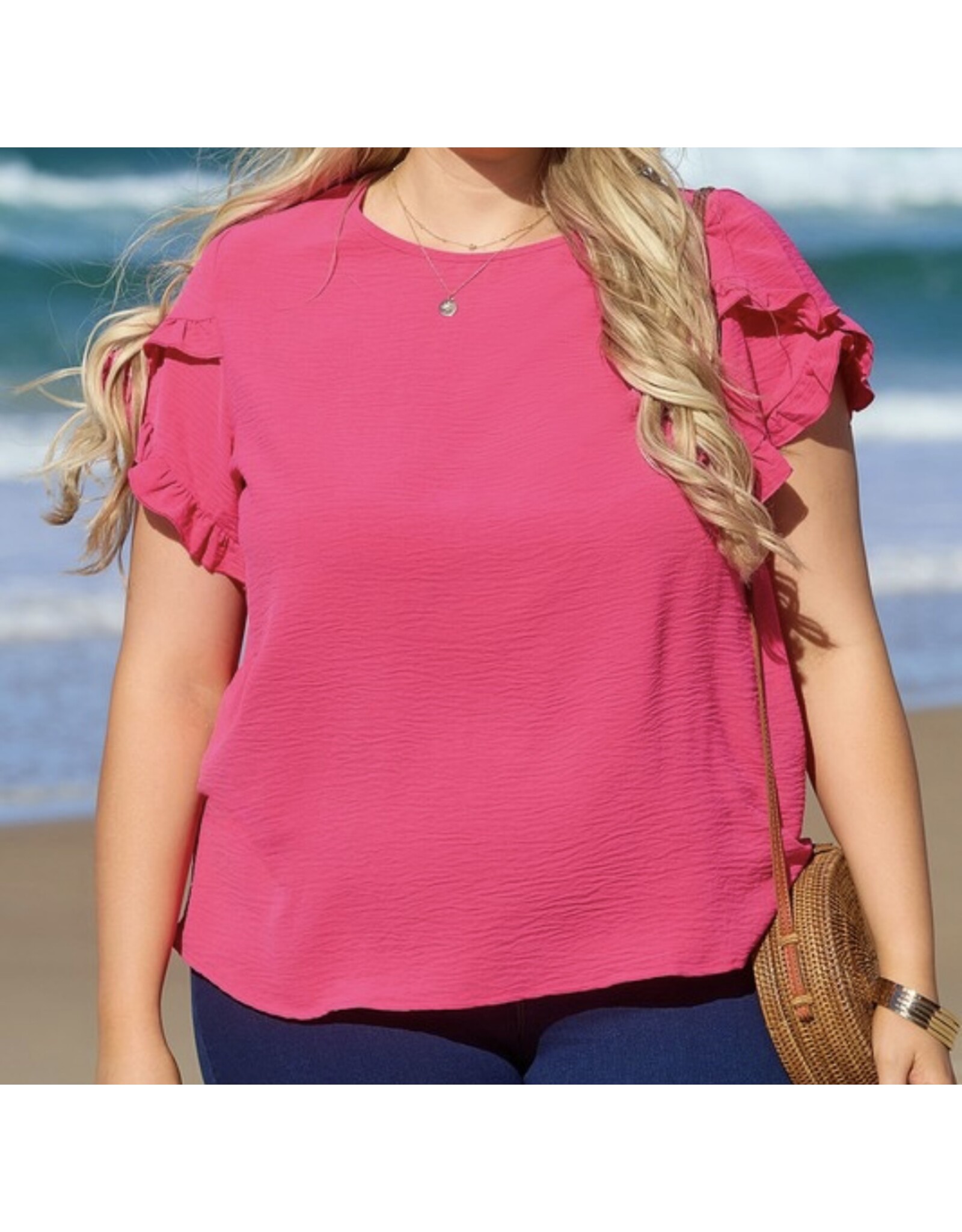 LATA Pink Ruffled Short Slv Top
