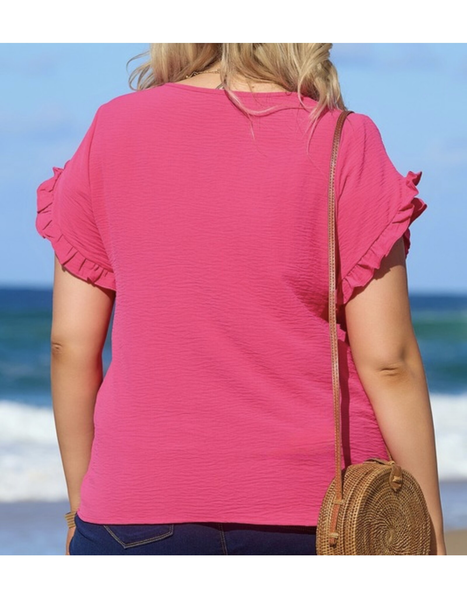 LATA Pink Ruffled Short Slv Top