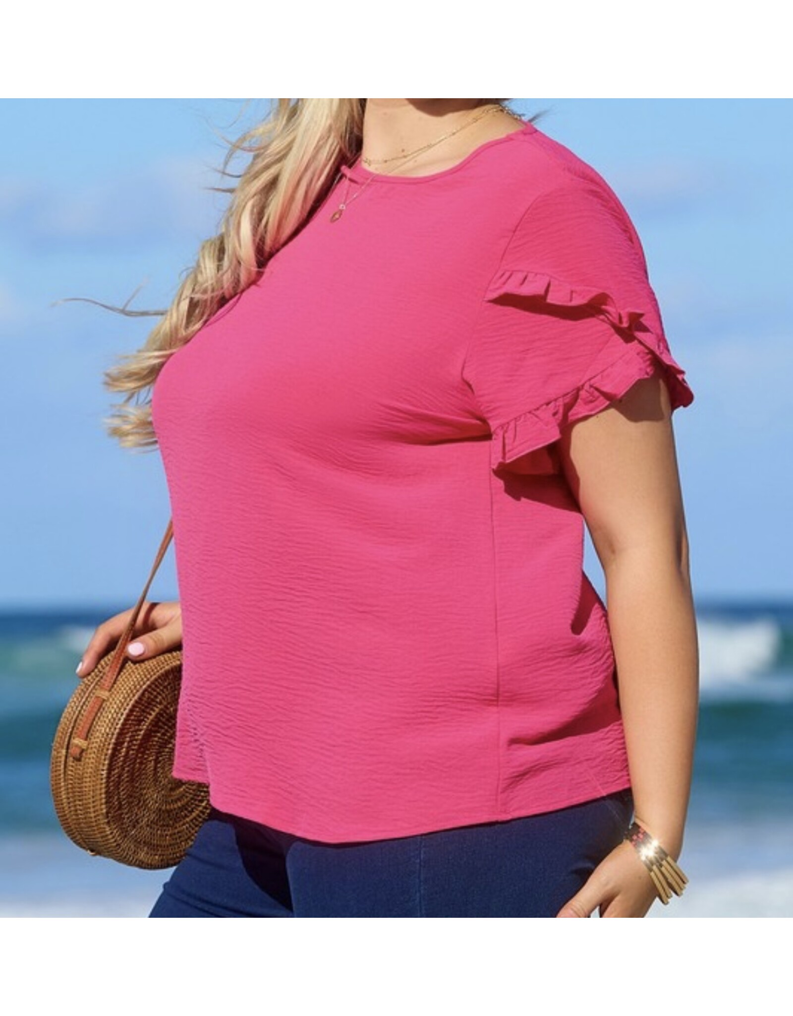 LATA Pink Ruffled Short Slv Top