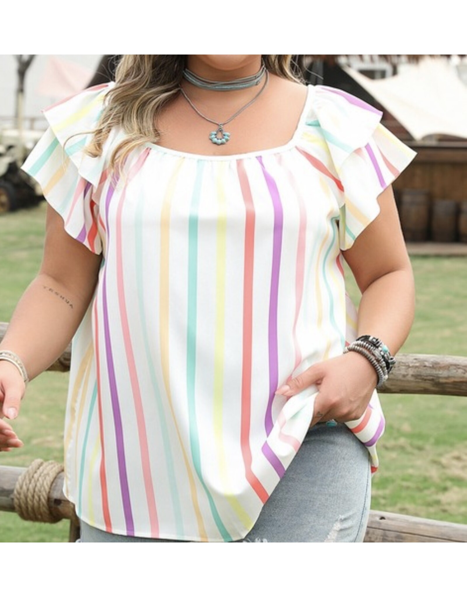 LATA Colorful stripe flutter sleeve top