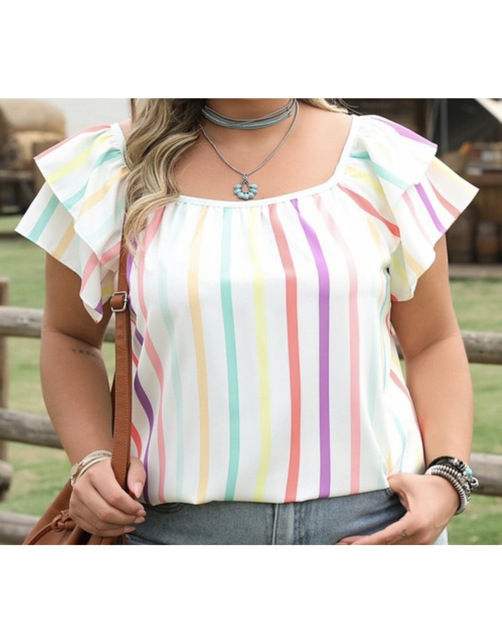 LATA Colorful stripe flutter sleeve top