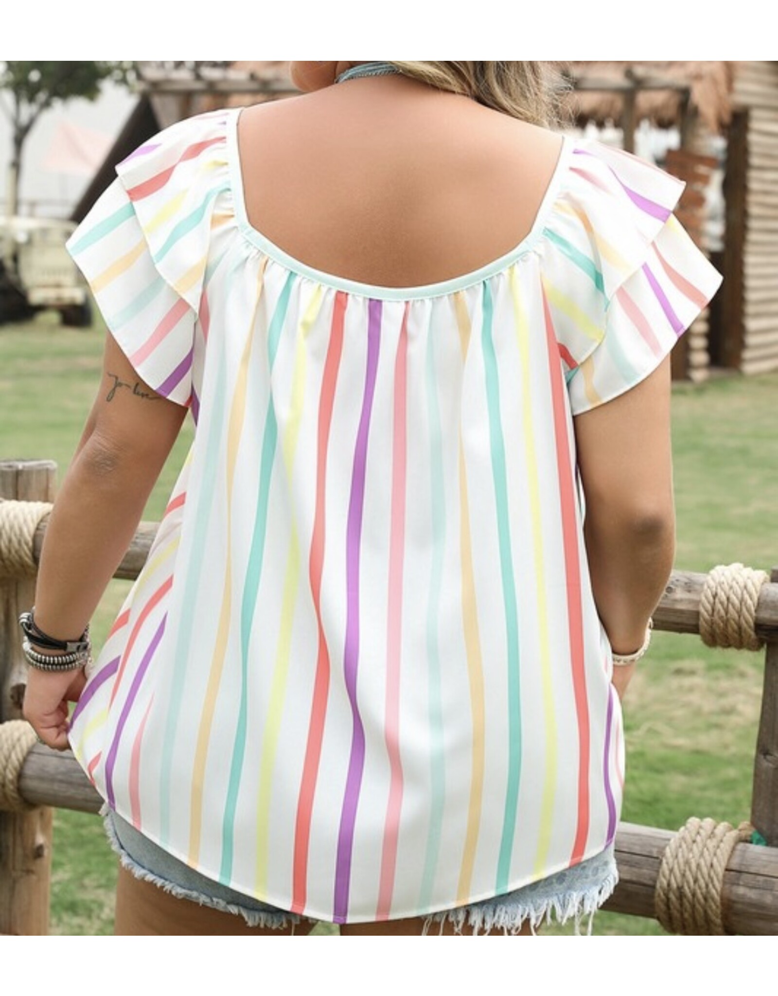 LATA Colorful stripe flutter sleeve top