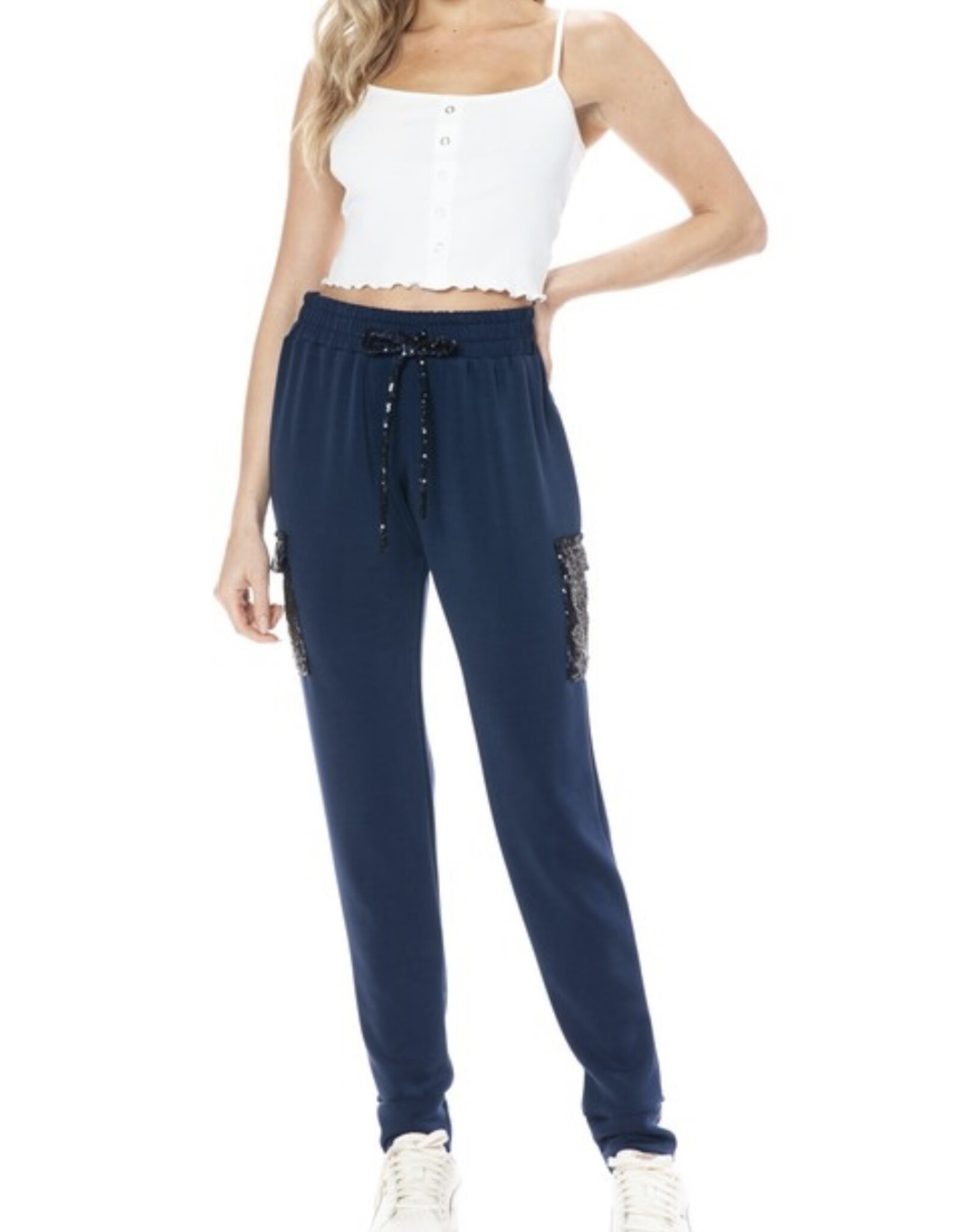 Ariella Navy Sequin Cargo Joggers