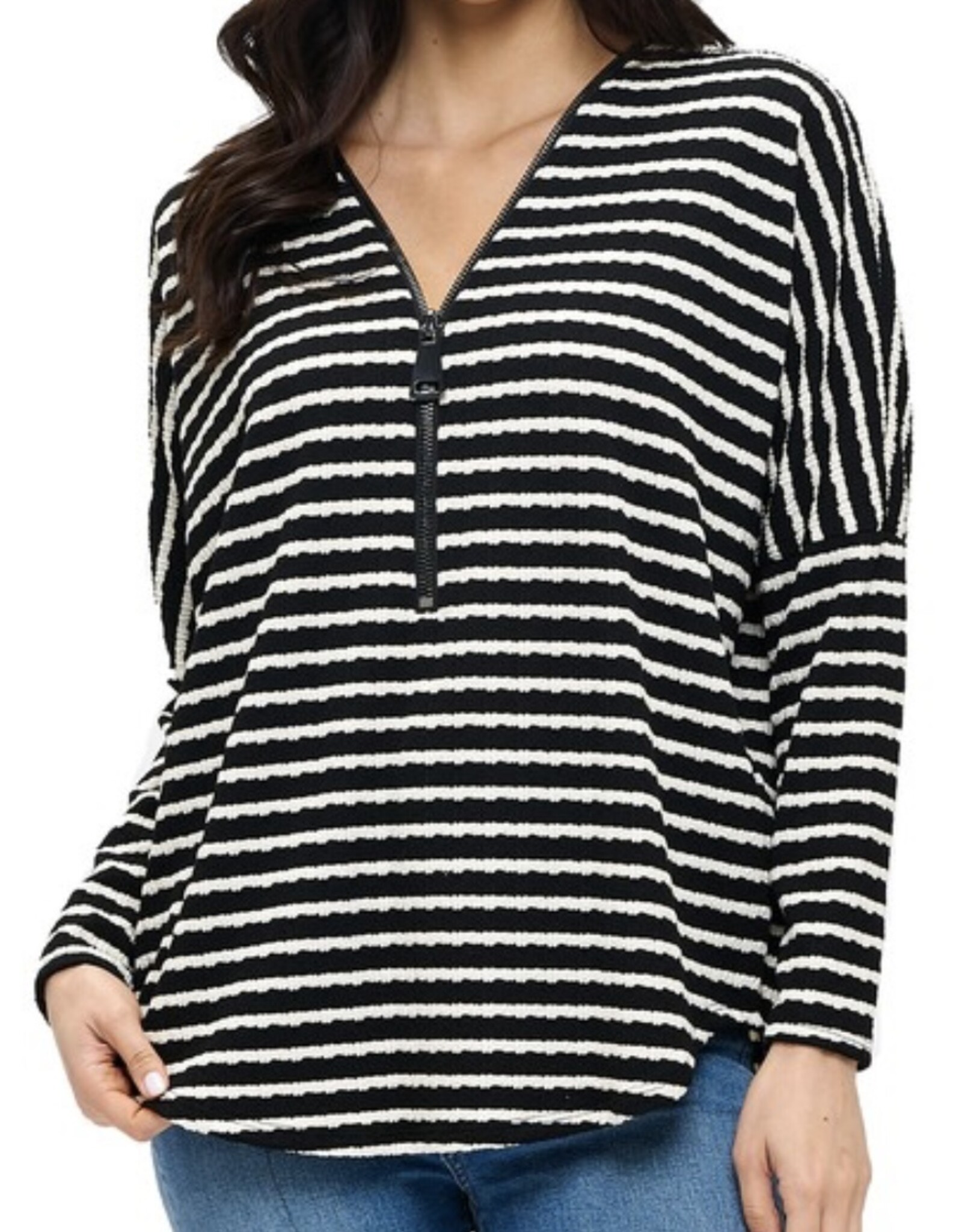 Ariella Dolman Slv B/W Stripe Zip Top