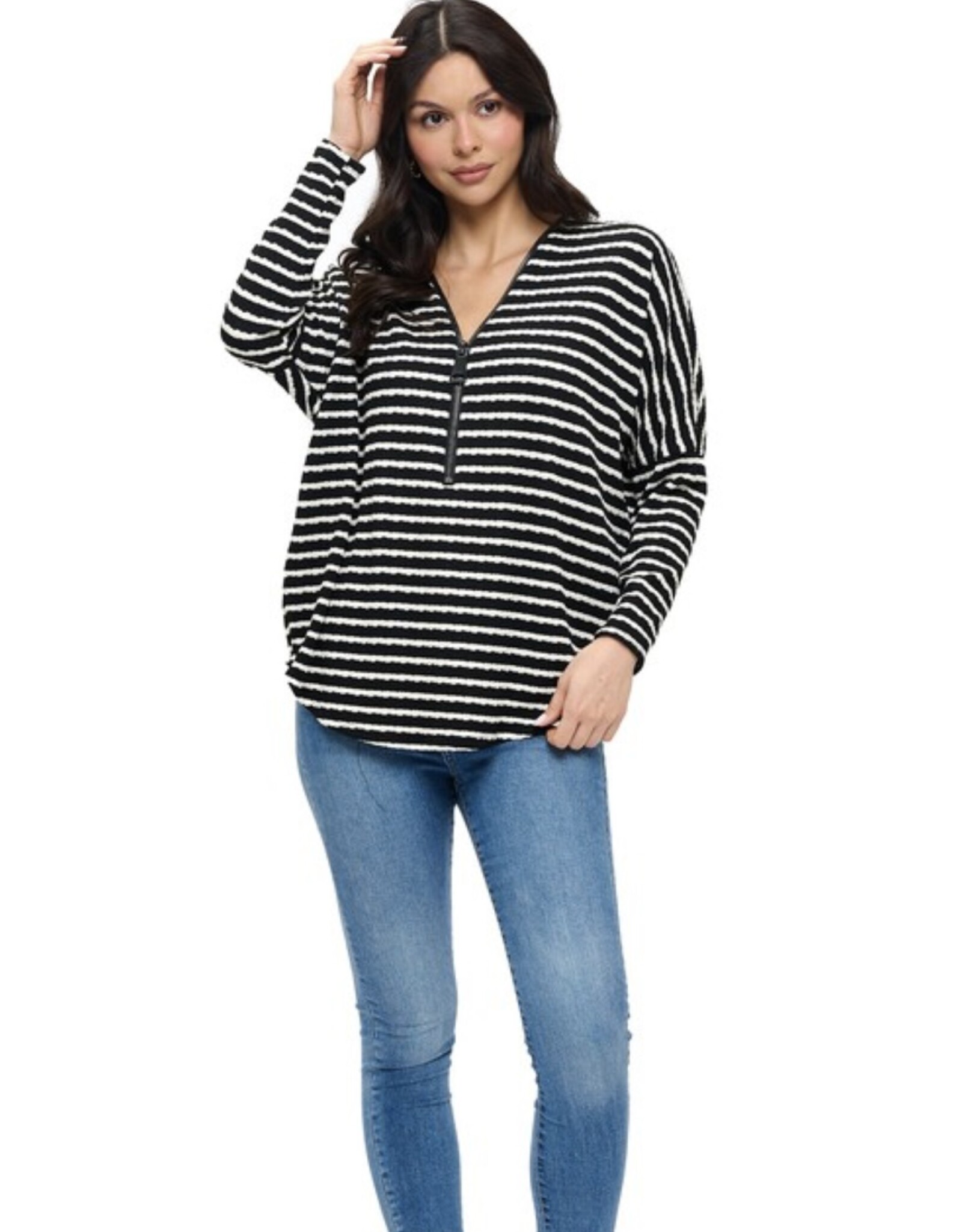 Ariella Dolman Slv B/W Stripe Zip Top