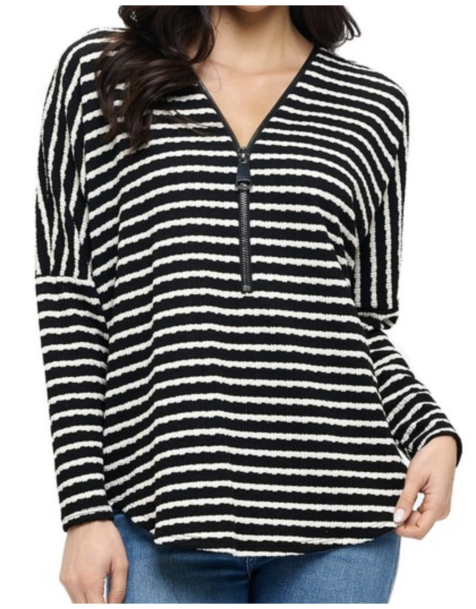 Ariella Dolman Slv B/W Stripe Zip Top